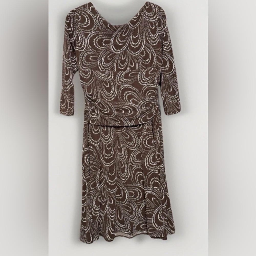 Maggy London Y2K Brown Abstract Ruched Midi Dress Size 12 - Picture 2 of 3